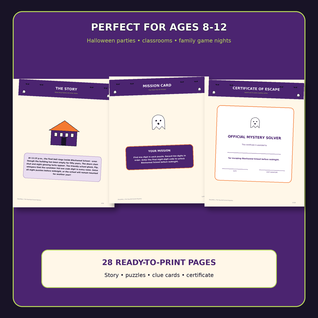 28-page Halloween escape room story puzzles and certificate overview