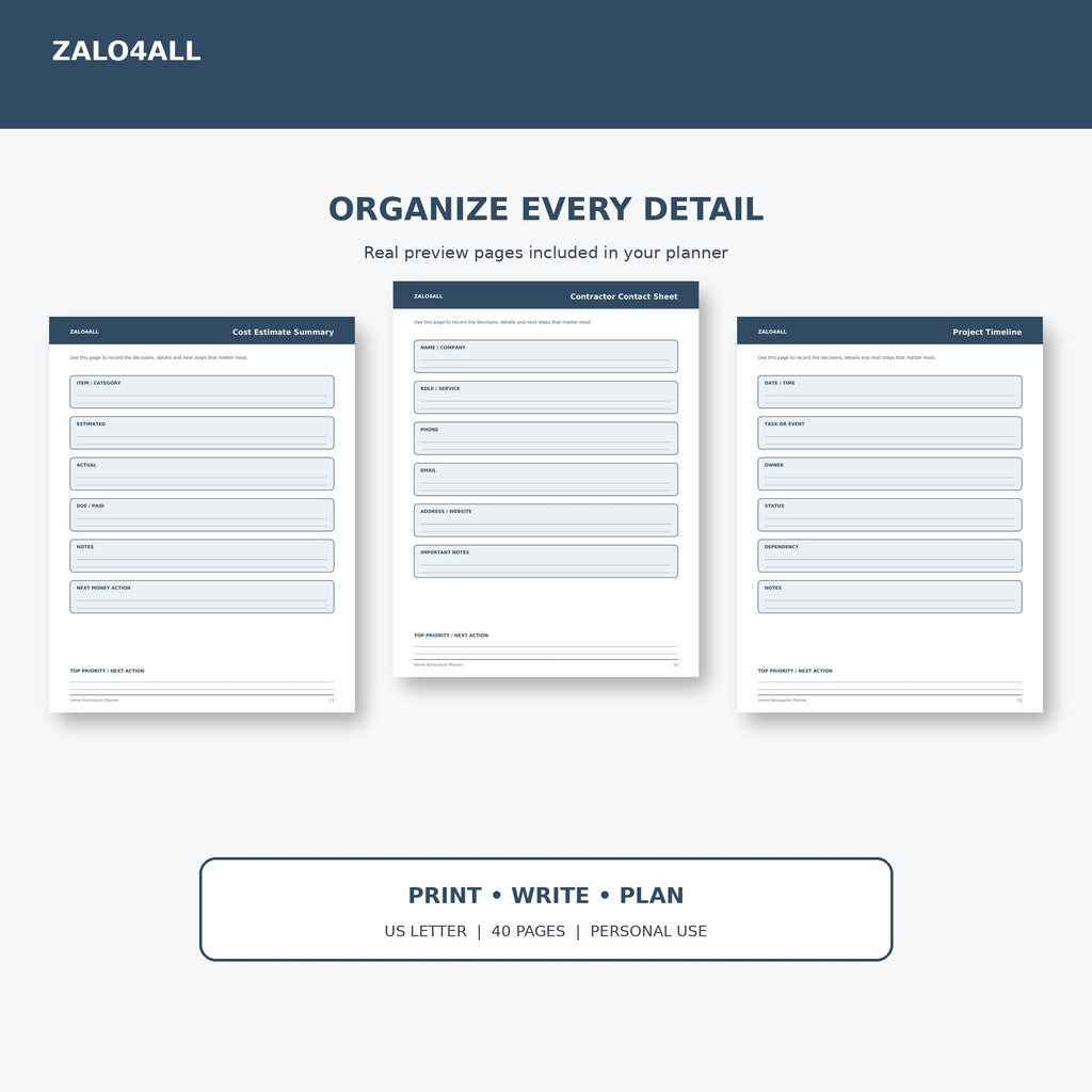 Home Renovation Planner printable planner page preview 2