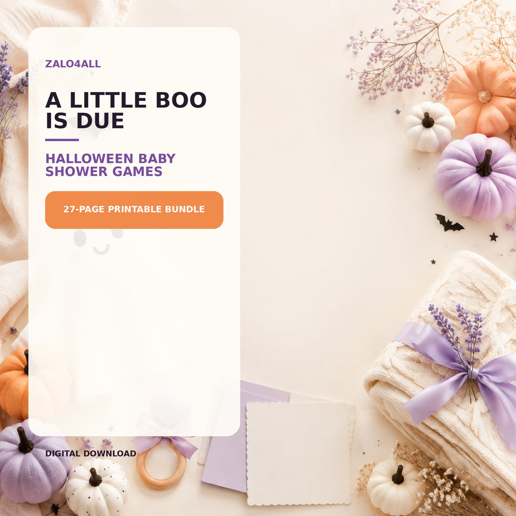 A Little Boo Is Due Halloween baby shower games 27-page printable bundle