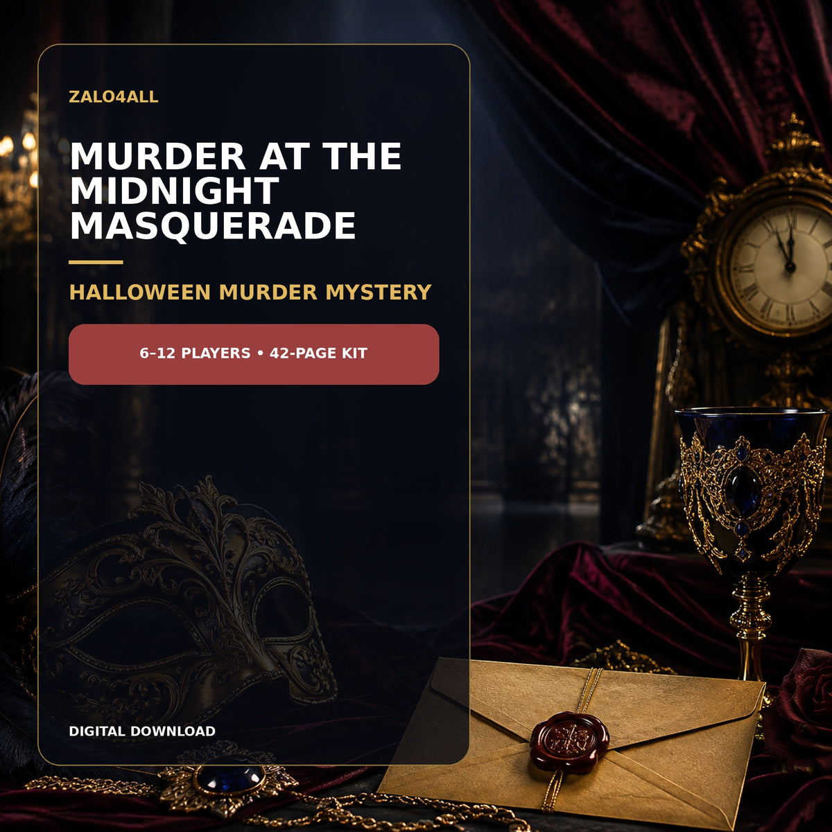 Murder at the Midnight Masquerade Halloween mystery game for 6 to 12 players