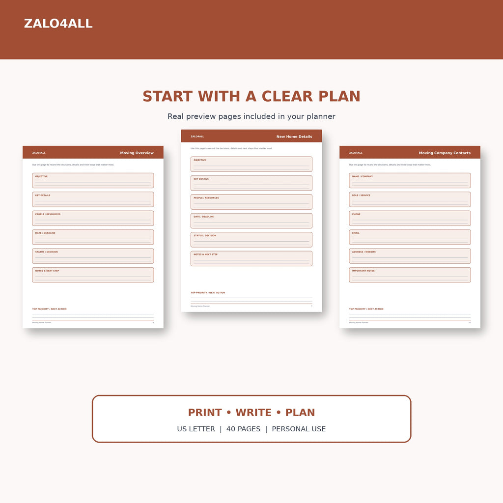 Moving Home Planner printable planner page preview 1