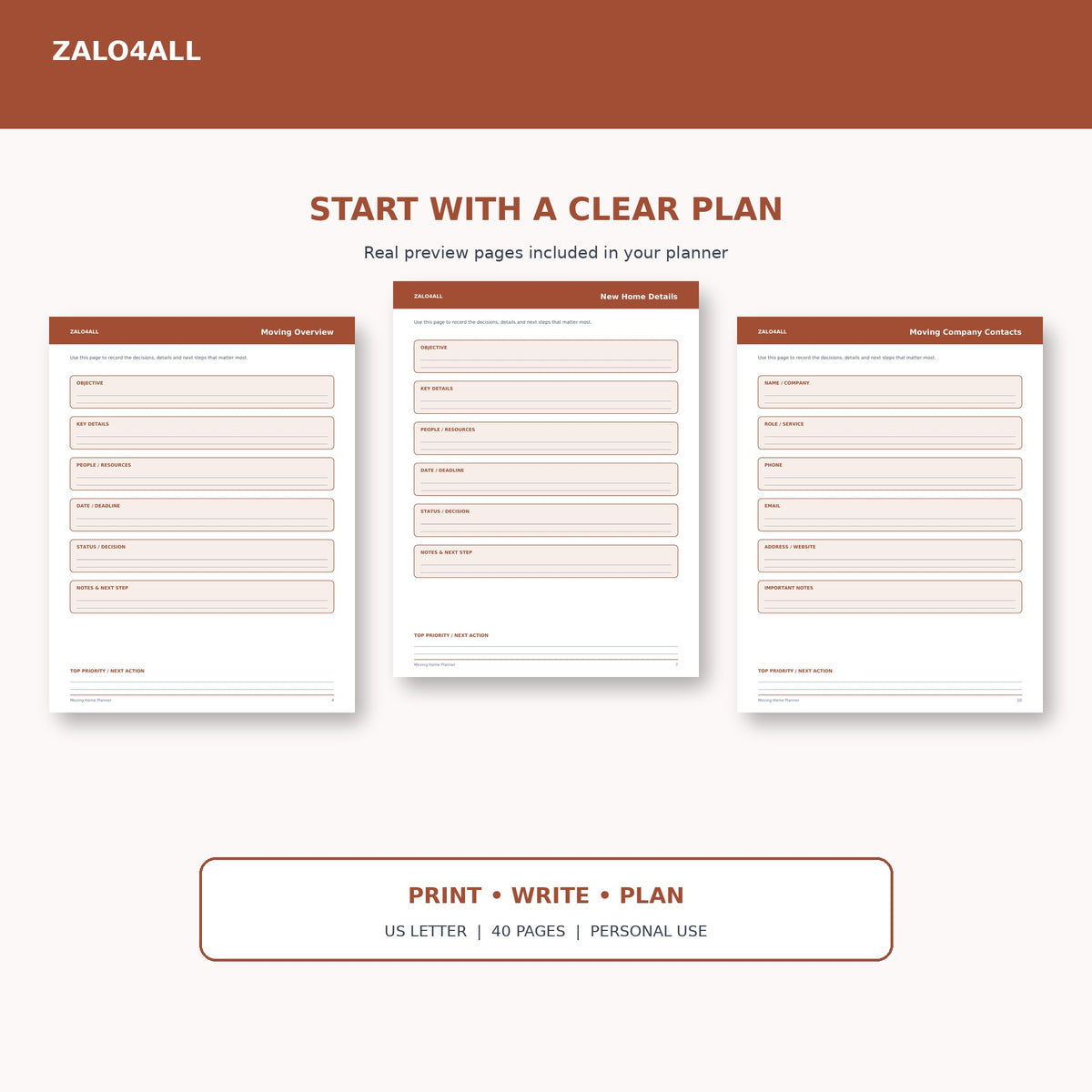 Moving Home Planner printable planner page preview 1