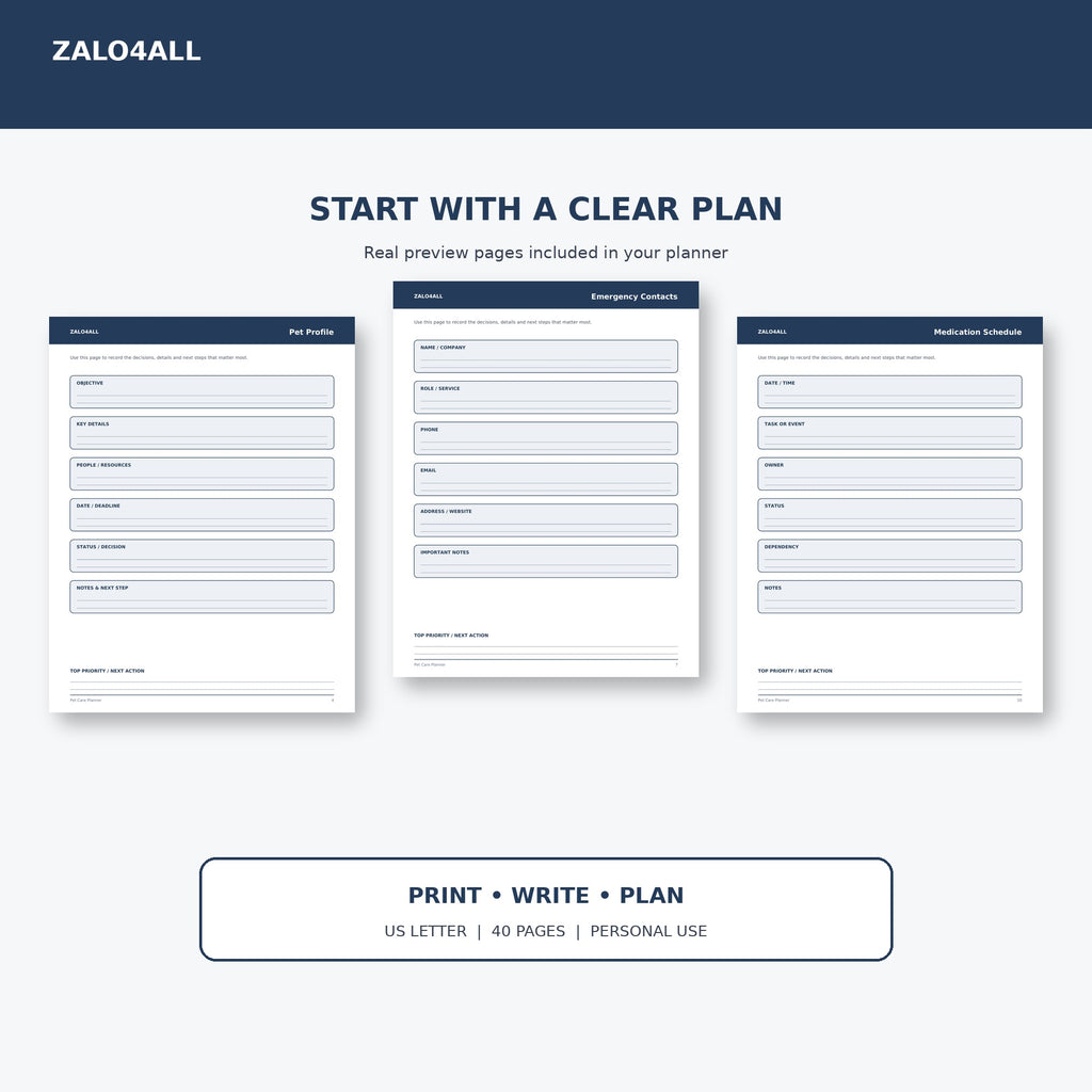 Pet Care Planner printable planner page preview 1
