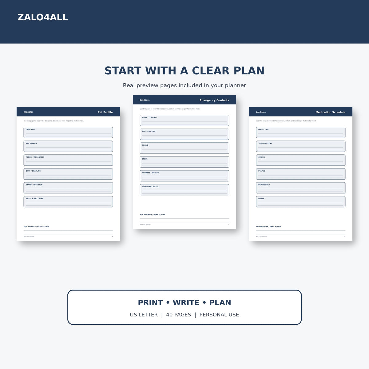 Pet Care Planner printable planner page preview 1