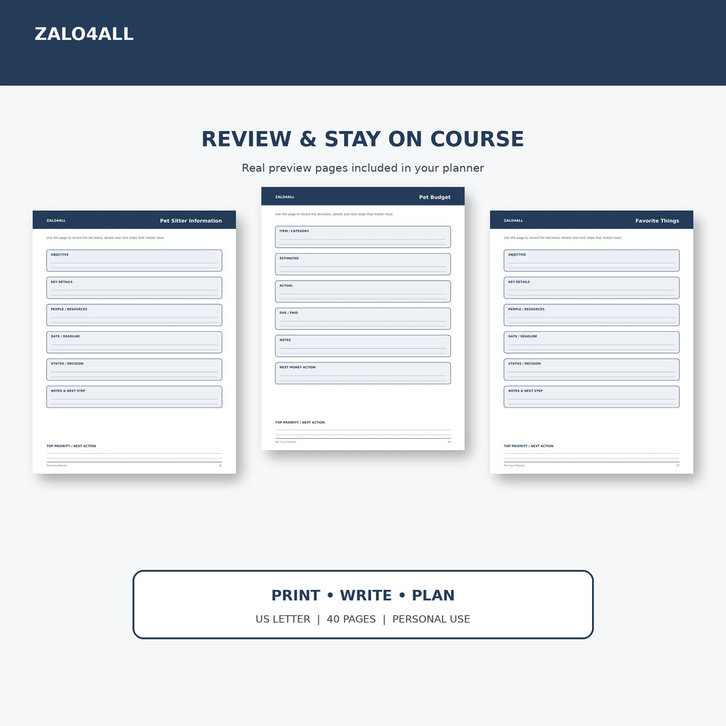 Pet Care Planner printable planner page preview 4