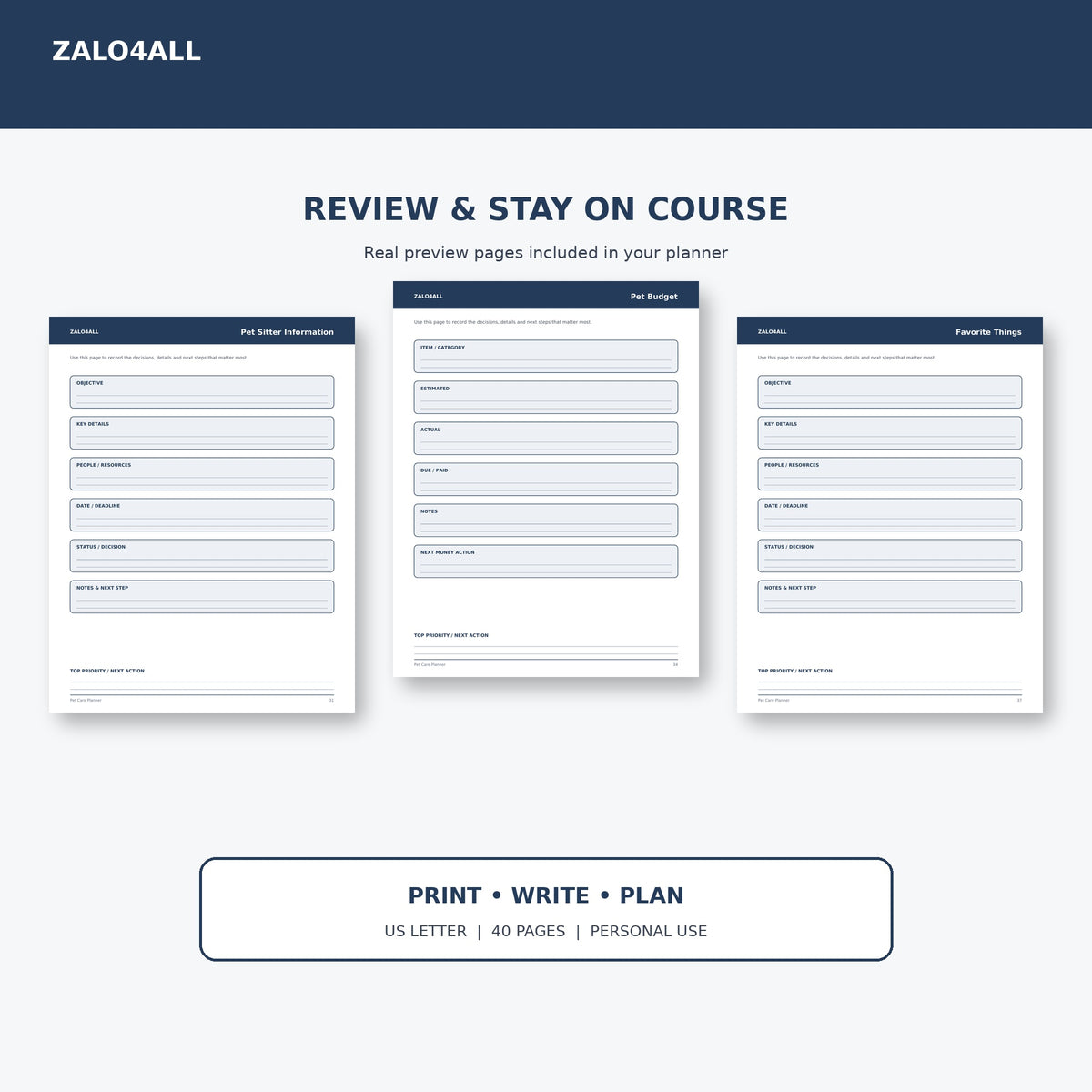 Pet Care Planner printable planner page preview 4