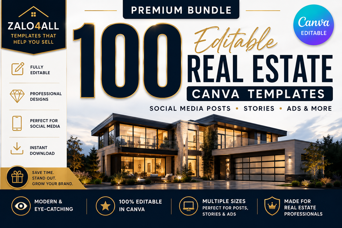 100 real estate Canva template bundle with listing open house and sold posts