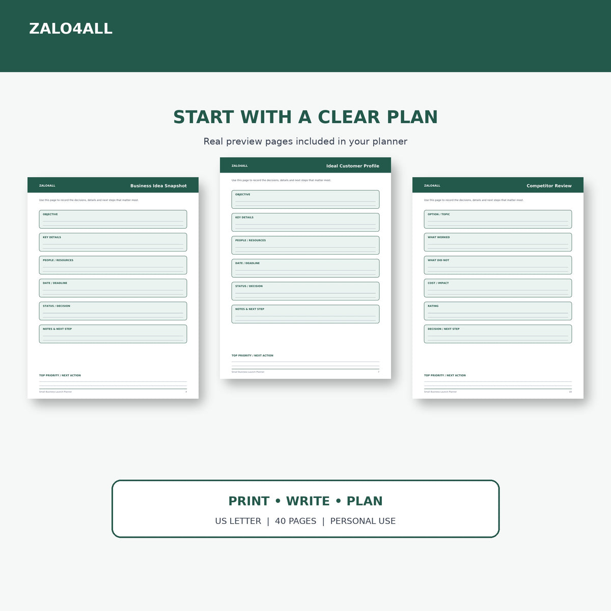 Small Business Launch Planner printable planner page preview 1