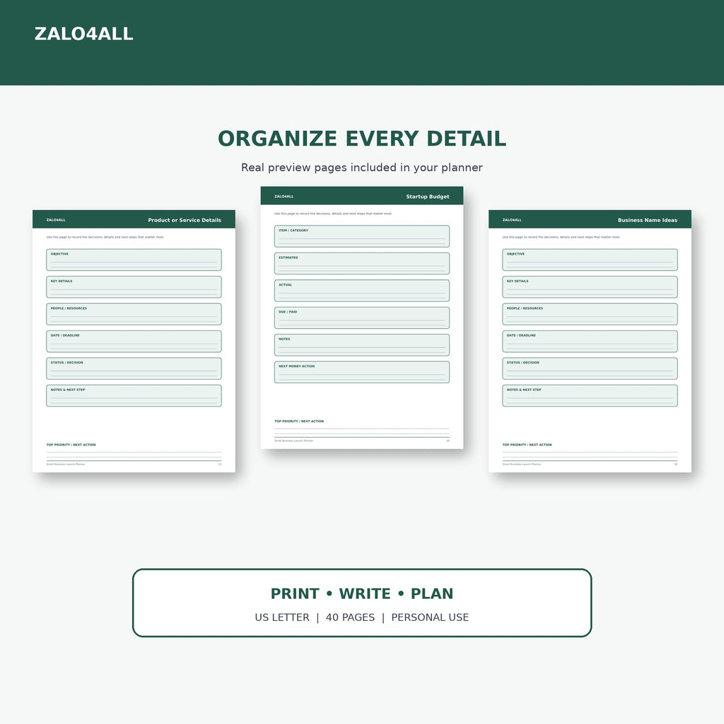 Small Business Launch Planner printable planner page preview 2