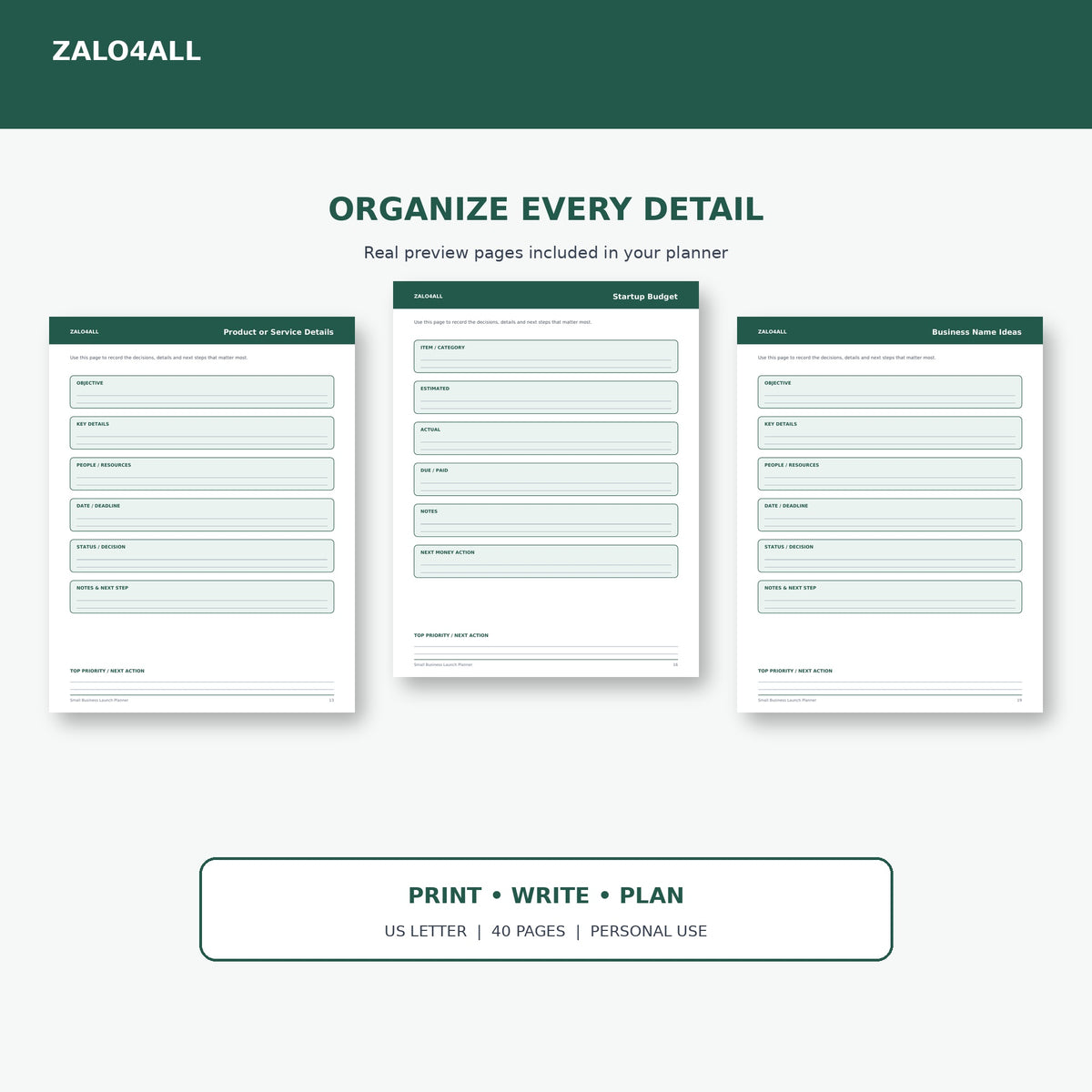 Small Business Launch Planner printable planner page preview 2