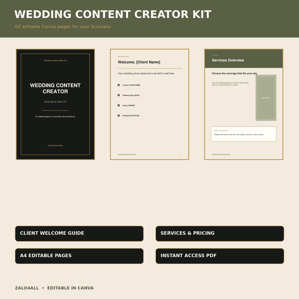 Wedding content creator business kit with 60 editable Canva pages