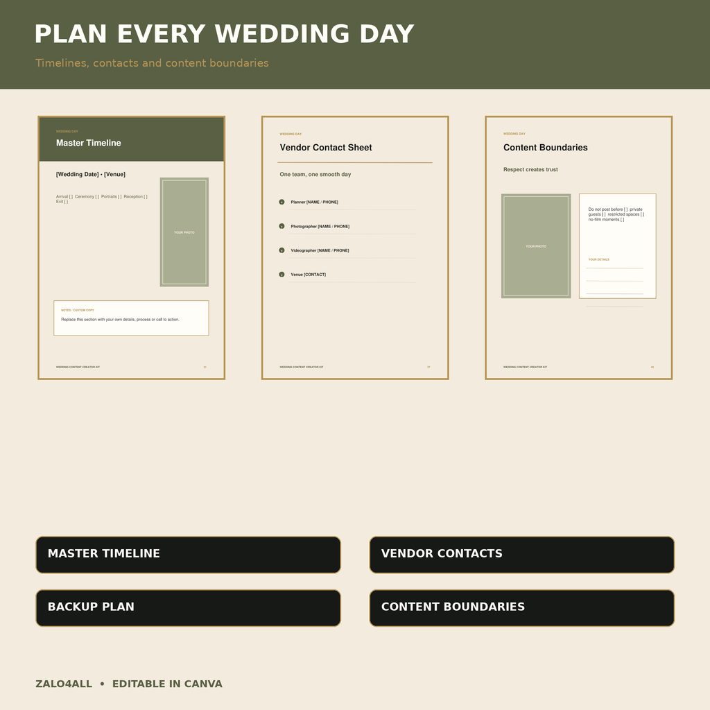 Wedding day timeline vendor contacts and content boundaries Canva templates