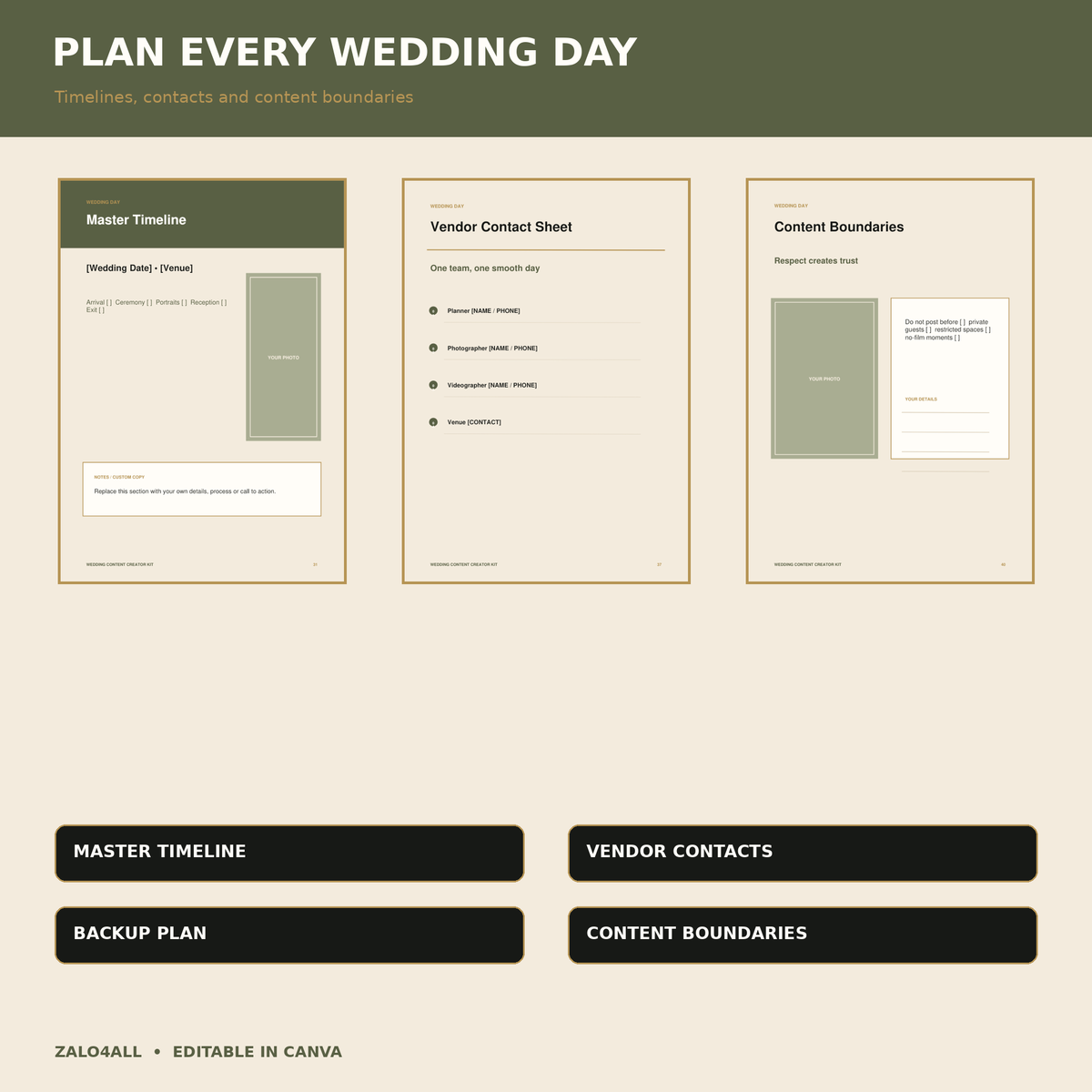 Wedding day timeline vendor contacts and content boundaries Canva templates