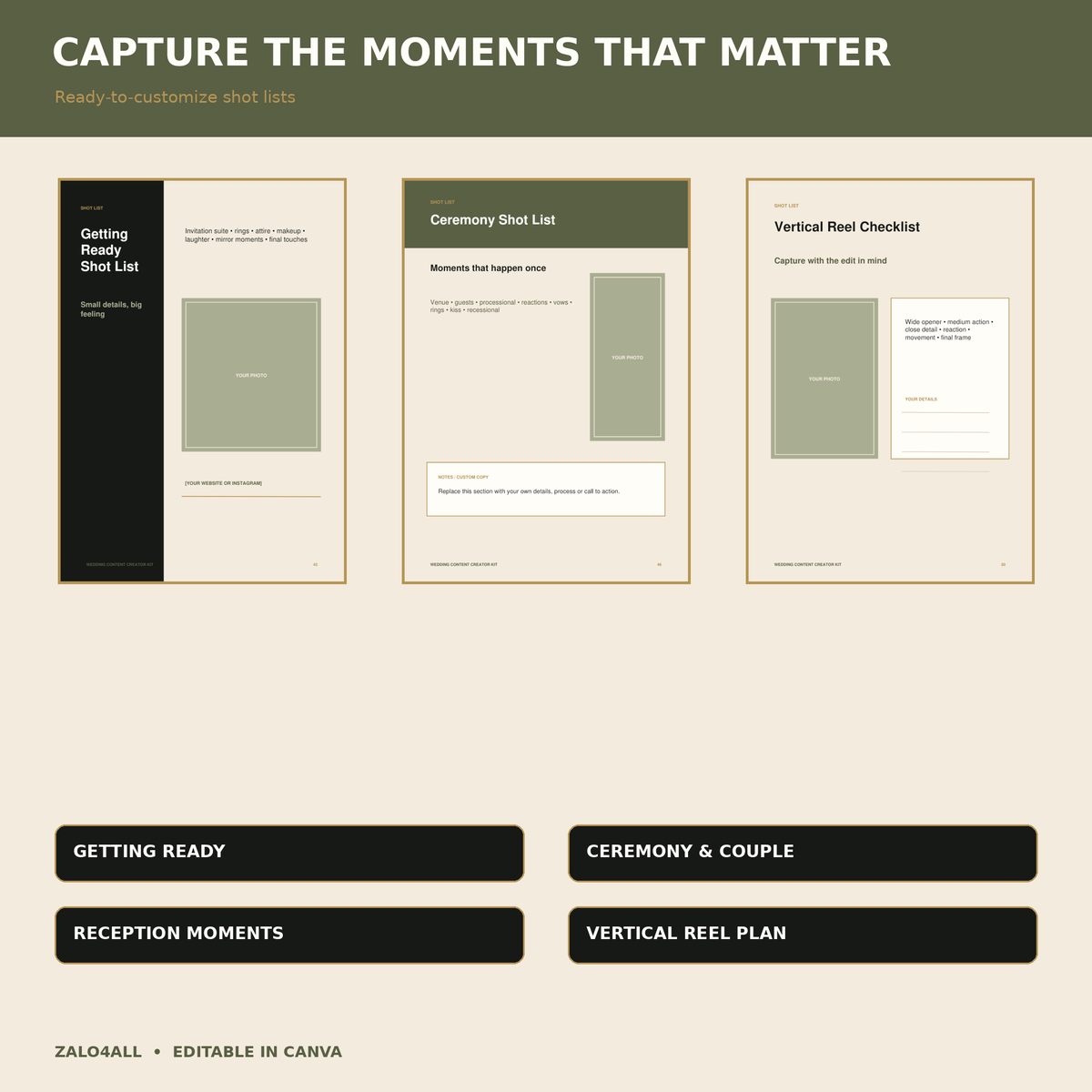 Wedding content creator shot list templates for ceremony and reception